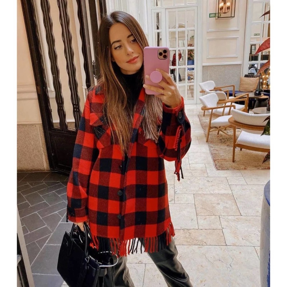 Sandro Paris Check Plaid Fringed-Trim Wool-Blend Jacket In Rouge/noir Red Size 4